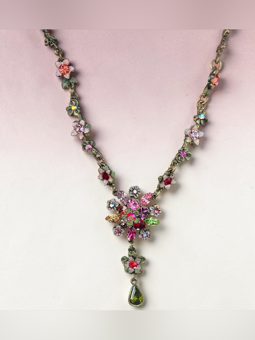 BIV Floral Pink Green Crystal Y Drop Antiqued Brush Gold Tone Statement Necklace